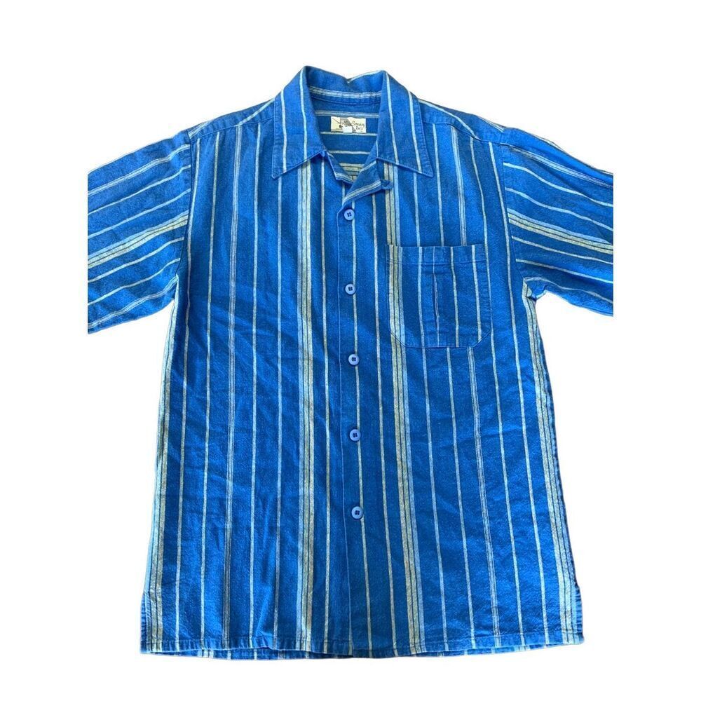 Smokey Joe’s Linen Blend Blue Yellow Stripes Button Down Medium 80s